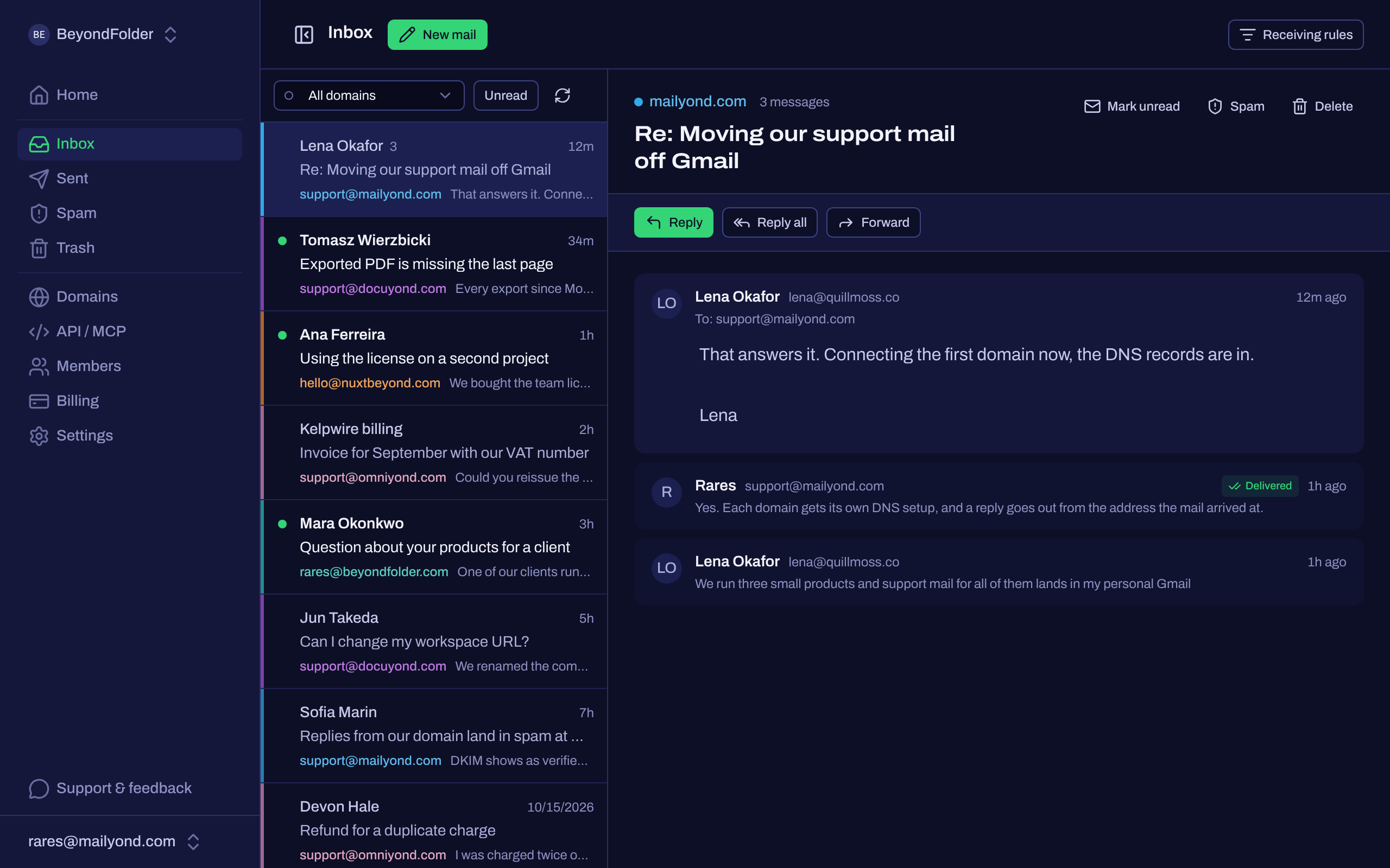 The Mailyond inbox with a message list, per-domain tags on each email, and an open support request with reply, reply all and forward buttons.