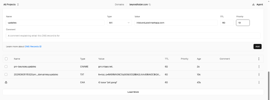 Adding an MX record for email in Vercel DNS